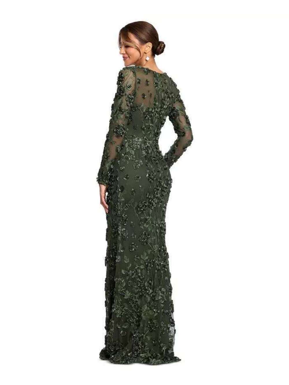 XSCAPE Modest Long Sleeve Rose Flower Gown Olive Green sz 8 NWT Formal Evening - Picture 3 of 6